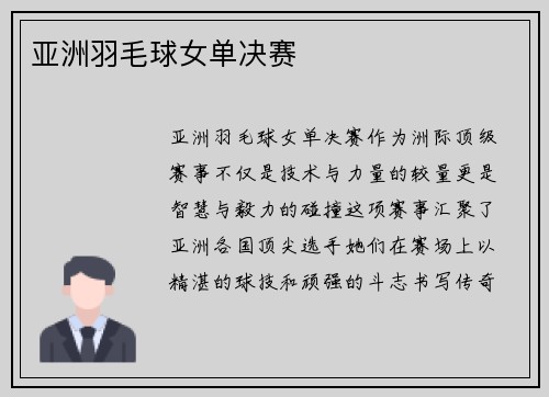 亚洲羽毛球女单决赛